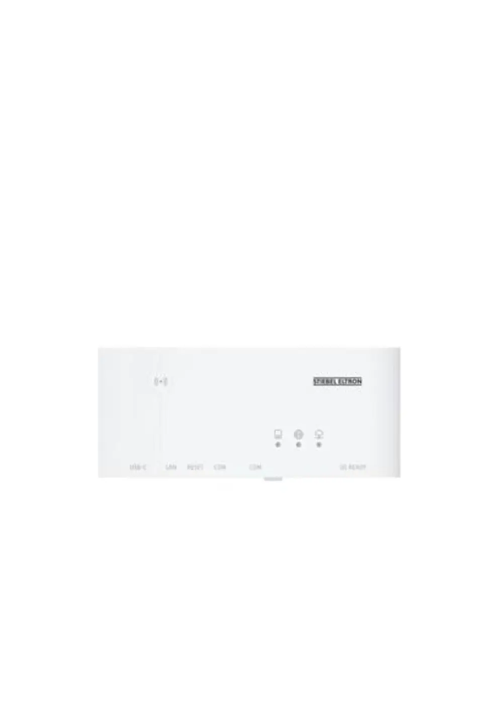 Weißes Gerät mit mehreren Tasten und LED-Anzeigen. Es handelt sich um ein Internet Service Gateway von Stiebel Eltron zur Regelung.